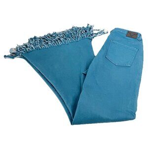 Lucky & Blessed Sz 10 (Actual 28x30) High Rise Flare Fringed Hem Blue Jeans EUC